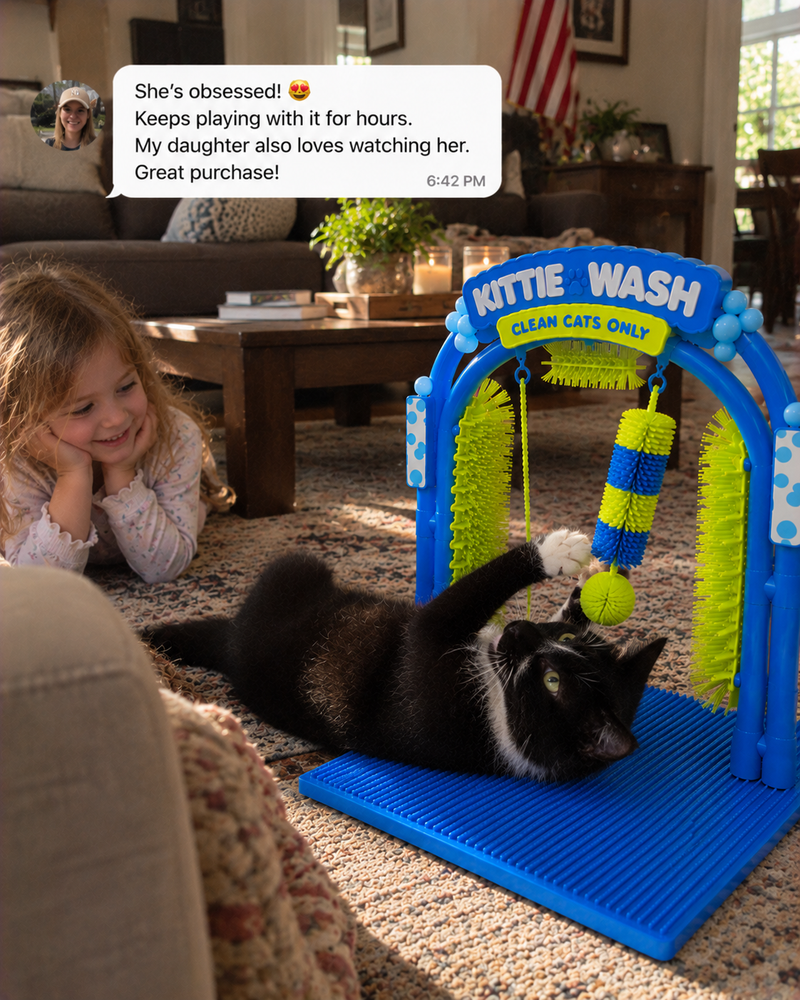 Happy cat owner review of the Kittie Wash grooming brush arch