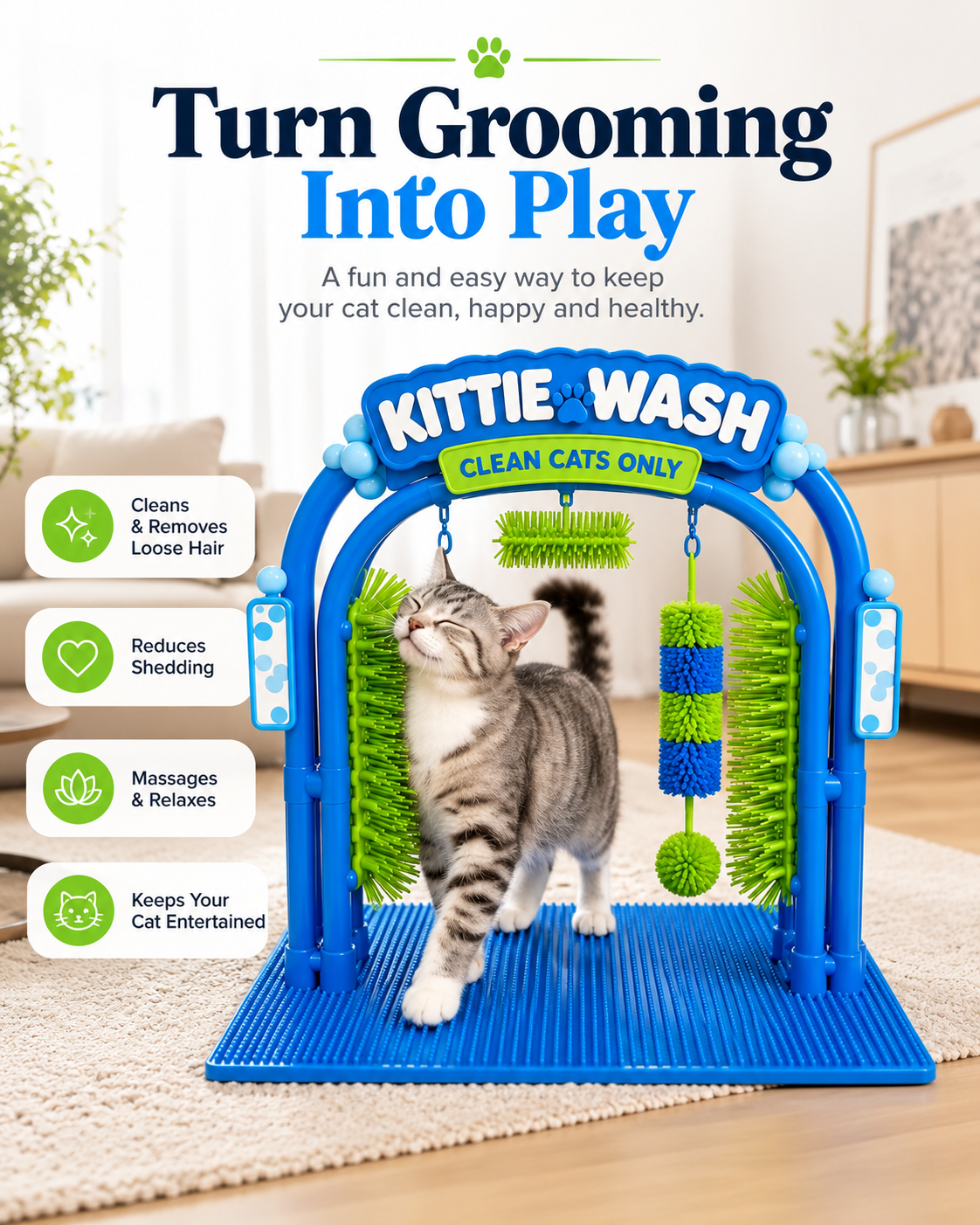Cat rubbing against the Kittie Wash self-grooming arch brush
