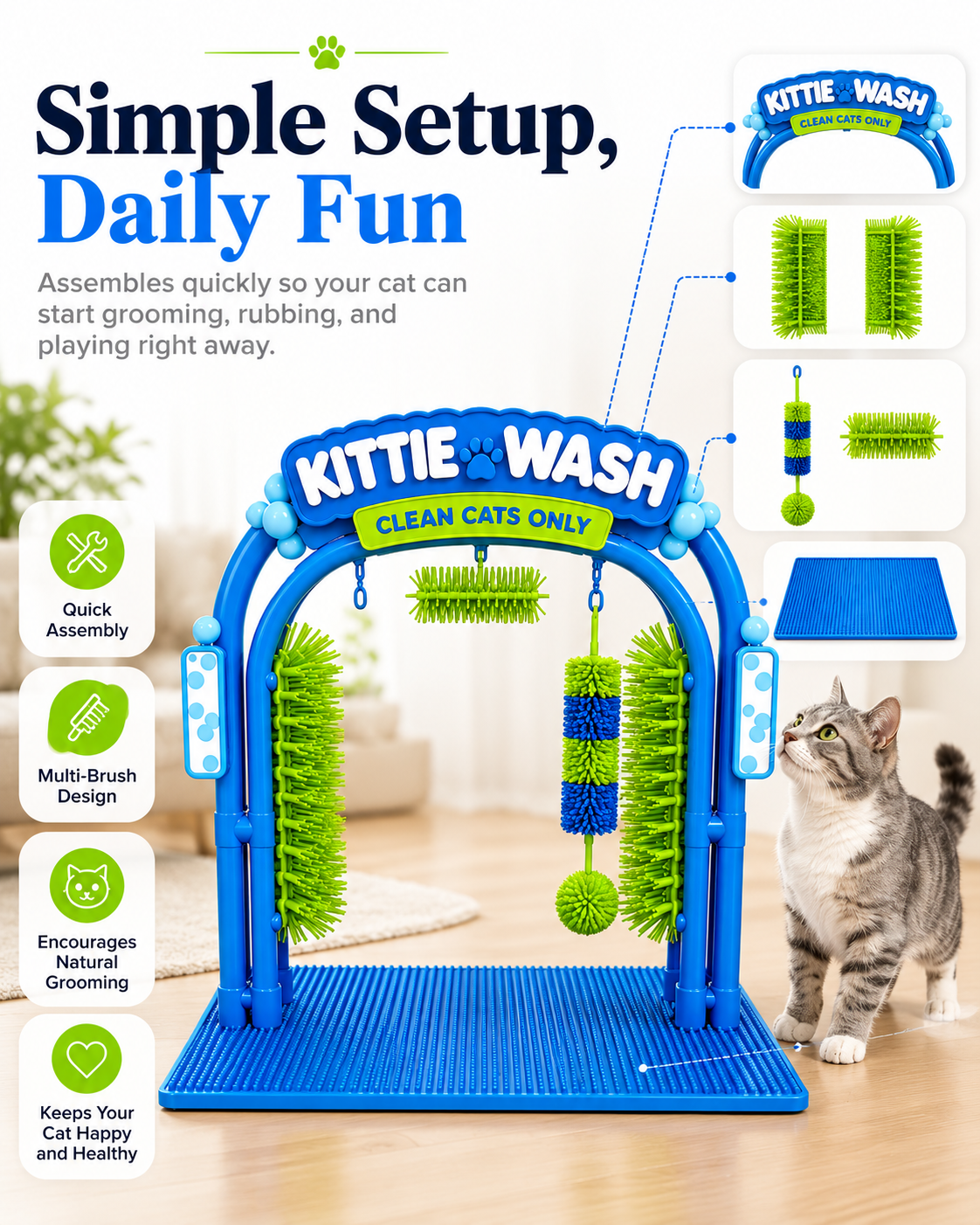 Self-grooming cat brush arch that catches loose shedding fur